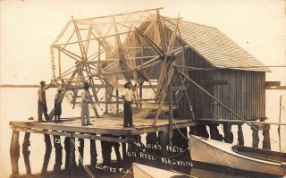 Fl 1910’s Real Photo Florida Taylor’s Camp Fishing Nets Reel Cortez,  Fla Manatee