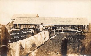 Fl 1910’s Real Photo Florida Taylor’s Camp Fishing Nets Dry Cortez,  Fla Manatee