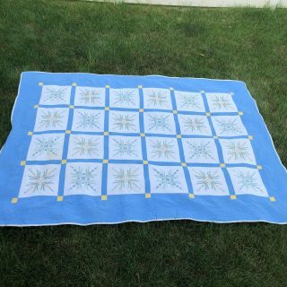 Vintage Handmade Quilt 102 " X 74 " Embroidered Floral Antique Blue Yellow Pretty