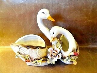 Antique Capodimonte Swans Planter - Two Swans With Flowers -