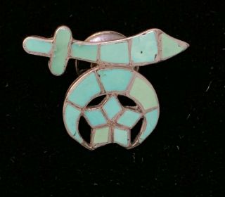 Vintage Sterling Silver Arabian Sword And Crescent Moon Pin With Inlay Turquoise
