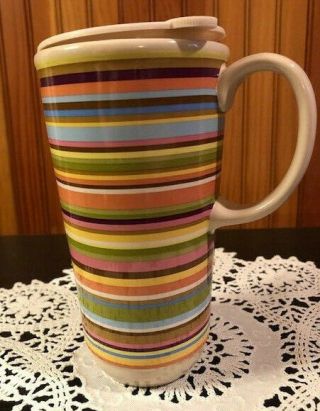 Longaberger Pottery Summertime Stripe Travel Mug With Lid