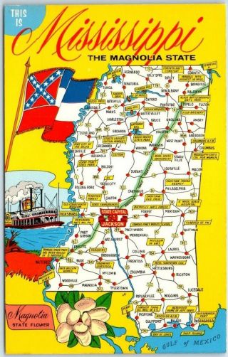 Mississippi State Map Postcard Highway Road Map Mirro - Krome Chrome C1950s