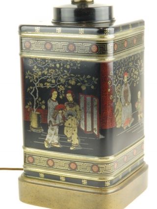 Vintage Frederick Cooper Chinese Chinoiserie Tea Tin Black Metal Table Lamp