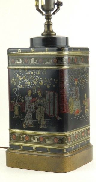 Vintage Frederick Cooper Chinese Chinoiserie Tea Tin Black Metal Table Lamp 2