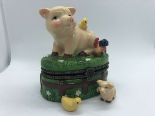 Farm Yard Pig With Chicken Piggy Piglet Porcelain Hinged Trinket Jewelry Box