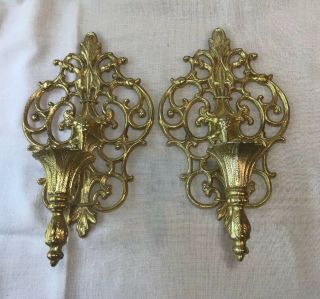 Vintage Mcm Ornate Gold Cast Metal Wall Sconce Candle Holders Hollywood Regency