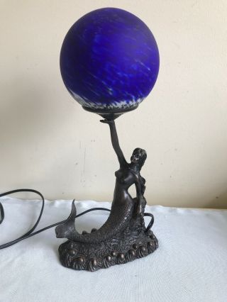Mermaid Cast Iron Or Metal Bronze Finish Semi Nude Lady Lamp Art Glass Shade