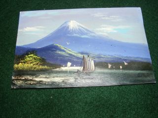 Vintage Postcard Japan Hand Painted Card Mount Fuji Rural Scene Art