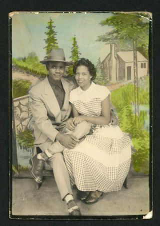 Dapper African American Man Hat Woman Tinted Photo Booth Arcade Snapshot 1940s