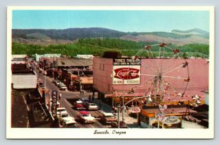 Postcard Seaside Oregon Vintage 1950s Cars Coca Cola Sign Ferris Wheel Photo A48