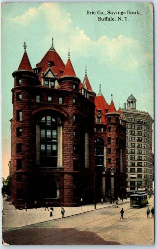 Buffalo,  York Postcard Erie County Savings Bank Street View 1916 Cancel