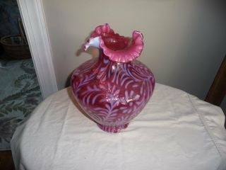 FENTON ART GLASS HUGE CRANBERRY OPALESCENT DAISY AND FERN VASE 3