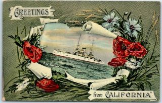 Great White Fleet Postcard U.  S.  S.  Alabama " Greetings From California " C1909