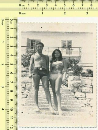 Pretty Couple On Beach,  Shirtless Guy & Bikini Woman Swimwear Old Photo