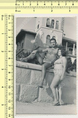 Couple On Beach,  Muscular Shirtless Man & Bikini Swimsuit Woman Old Photo Orig.