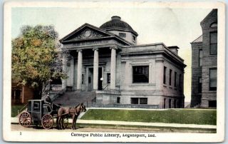 Logansport,  Indiana Postcard " Carnegie Public Library " W/ Horse Carriage C1910s