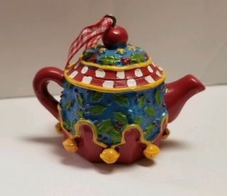 Mary Engelbreit Mini Teapot Ornament Tea Vintage Holiday Holly Leaves Me Ink