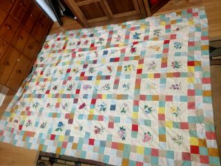 Vintage Patchwork Quilt Top - Blocks With Embroidery State Flowers - 72 " By 98 "