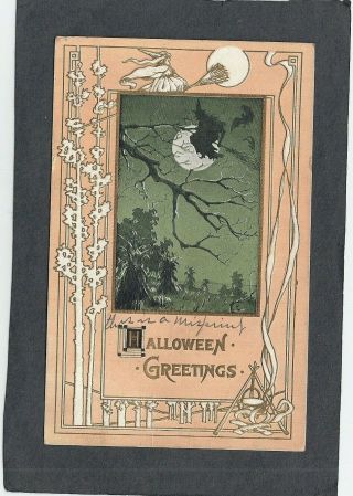 Halloween Postcard: 1910: Embossed: Witch On Broom By Moon: Rare Card