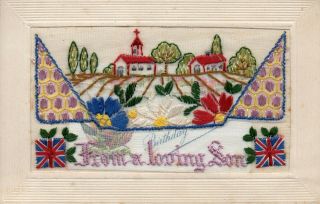 From A Loving Son: Village Scene: Ww1 Patriotic Embroidered Silk Postcard