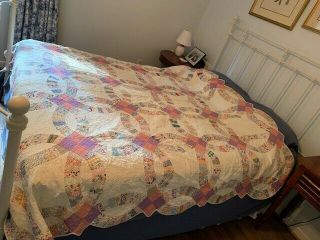 Vintage Double Wedding Ring Quilt 82 X 82 Hand Sewn Quilt
