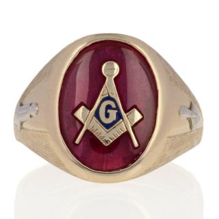 Blue Lodge Master Mason Ring - 10k Yellow Gold Synthetic Ruby Masonic Size 10 1/2