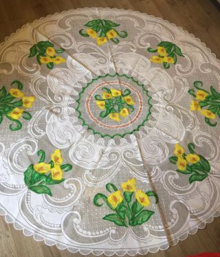 Vintage Antique Round Lace Tablecloth Painted Floral Orchids Tulips Scalloped