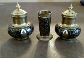 Asian Vintage Cloisonné Brass Salt & Pepper Shakers W Toothpick Holder