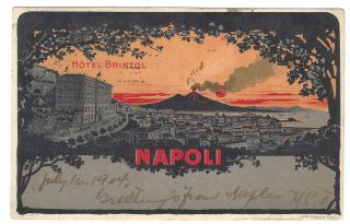 1904 Antique Hotel Bristol Napoli Naples Italy Volcano Art Postcard