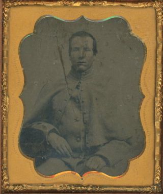Rough 1/6 Plate Civil War Tintype of Union Soldier Wearing Greatcoat 2