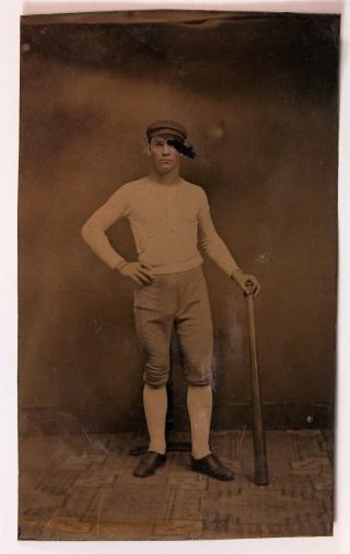 1870s Baseball Player With Baseball Bat In Uniform Tintype Photograph / Photo