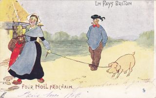 Tuck; Woman Walking Away From Man Pulling Pig,  Pu - 1904