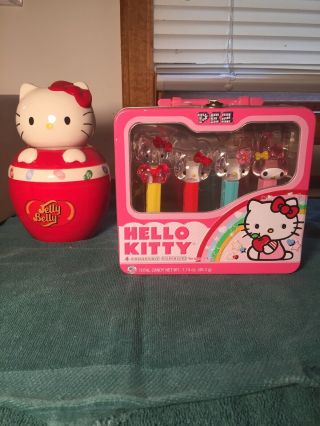 1x Set Crystal Hello Kitty Collectible Pez Dispensers Tin Case Jelly Belly Jar