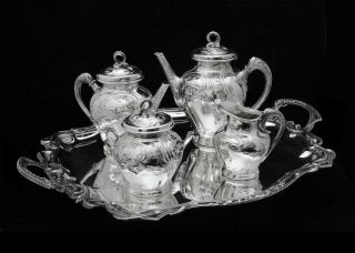 Wiskemann 5 Pc.  Art Nouveau Silver Plated Tea Coffee Set With Tray - 1890s