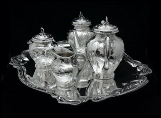 WISKEMANN 5 pc.  ART NOUVEAU SILVER PLATED TEA COFFEE SET WITH TRAY - 1890s 2
