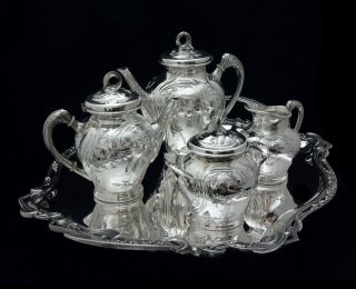 WISKEMANN 5 pc.  ART NOUVEAU SILVER PLATED TEA COFFEE SET WITH TRAY - 1890s 3