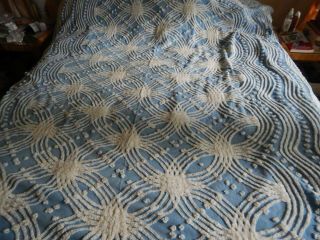 True Vintage Chenille Twin Bedspread Blue W/ White Raised Design Cond