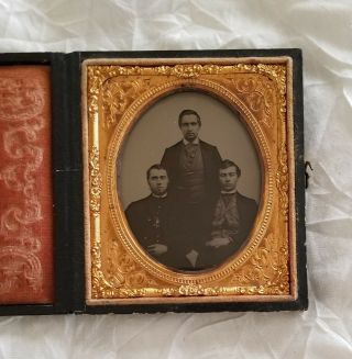 1/6 Ambrotype Group Of 3 Men Soldier ? In Full Case Antique Photo Civil War