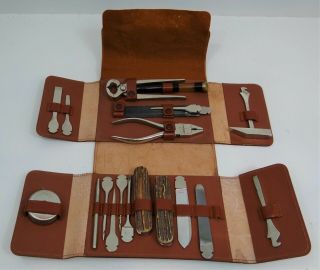 Hugo Berns,  Solingen,  Antique Multi - Tool Set,  Leather Case,  Stag Grip Handles
