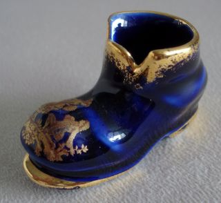 Limoges France Miniature Boot Shoe Cobalt Blue Gold Couple Scene