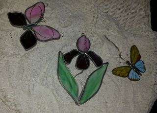 Stained Glass Sun Catcher Flower And 2 Butterflies Purple Blue Green