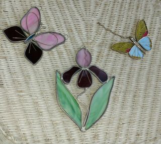 Stained Glass Sun Catcher Flower and 2 Butterflies Purple Blue Green 2