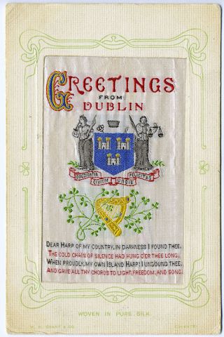 Ireland Greetings From Dublin Harp Coat Of Arms Woven In Silk Postcard