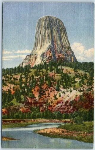 Vintage Devils Tower,  Wyoming Postcard Tower View Curteich Linen 1955 Cancel