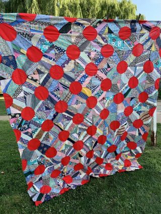 Vintage Hand Pieced Snowball Pattern Quilt Top Set In Red