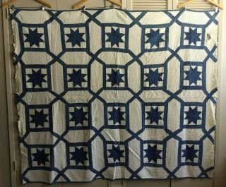 Antique Navy And White Star Quilt All - Cotton Old Star Indigo Print W/ Tiny Stars