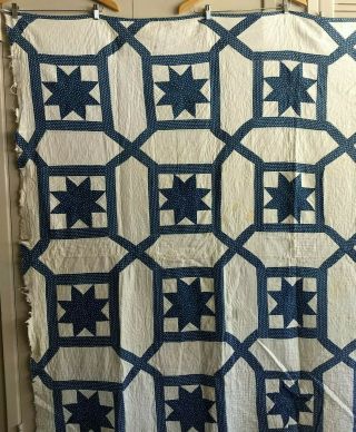 Antique Navy and White Star Quilt All - Cotton Old Star Indigo Print w/ Tiny Stars 4