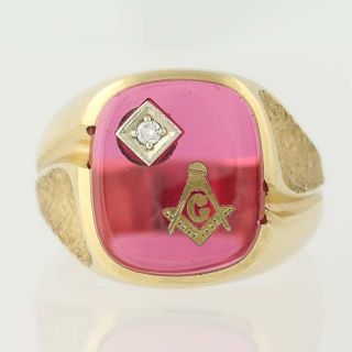 Blue Lodge Master Mason Ring - 10k Yellow Gold Synthetic Red Spinel Diamond