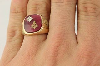 Blue Lodge Master Mason Ring - 10k Yellow Gold Synthetic Red Spinel Diamond 7